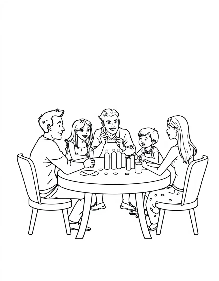 (family) Family playing board games around a table