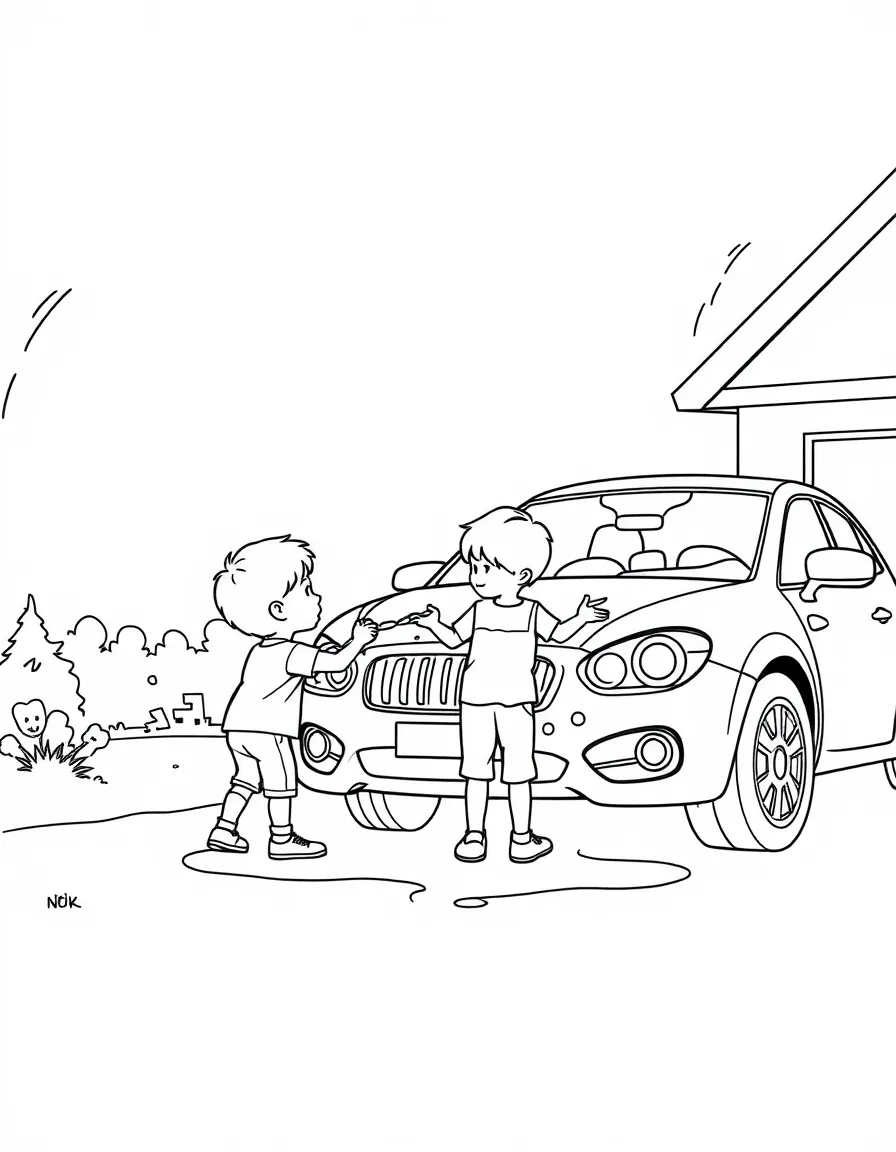 (family) Kids helping wash the family car in the driveway