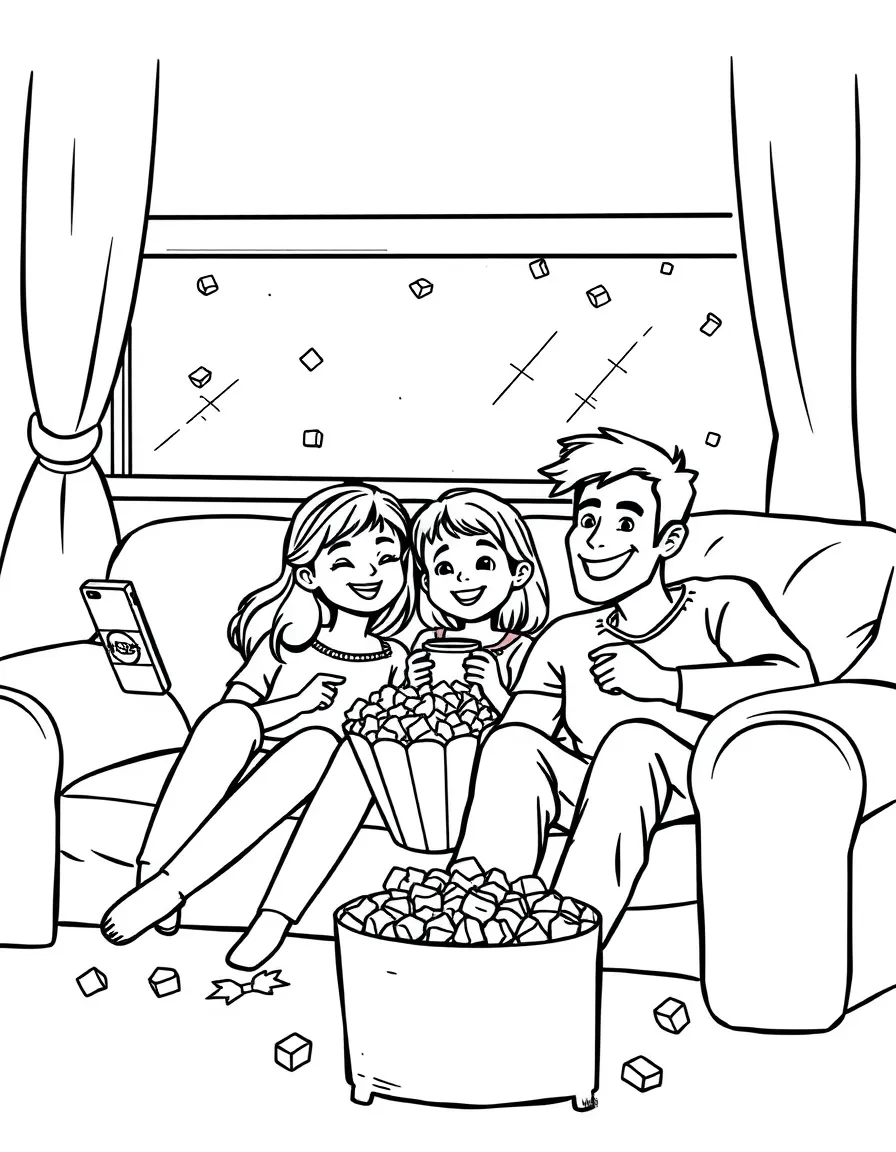 (family) Family having a movie night with popcorn on the couch