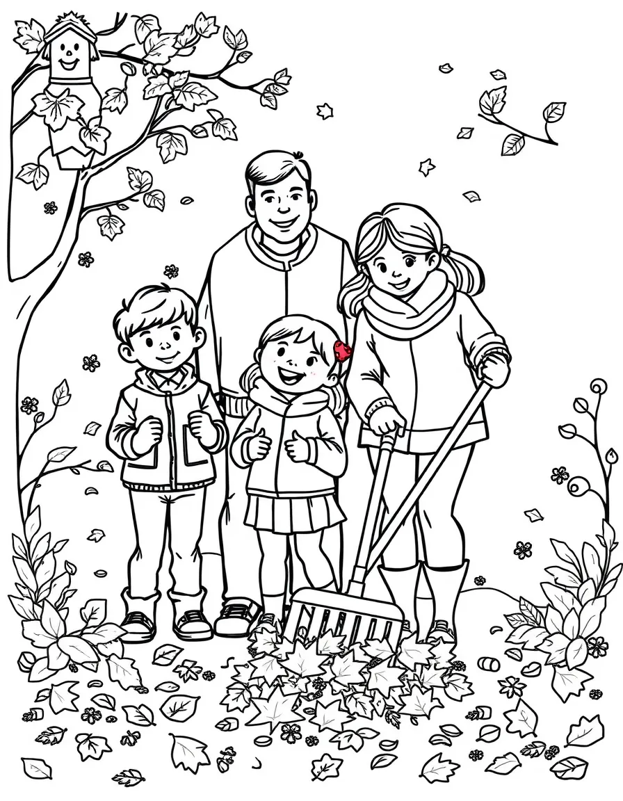 (family) Children and parents raking autumn leaves