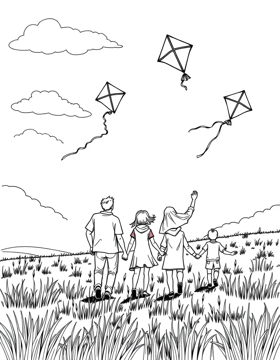 (family) Family flying kites in an open field