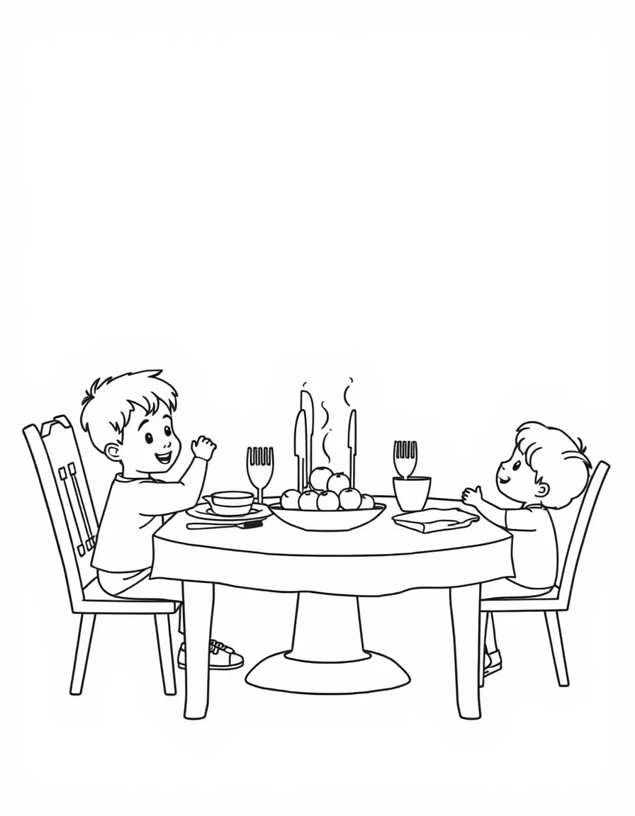 (family) Kids helping set the dinner table