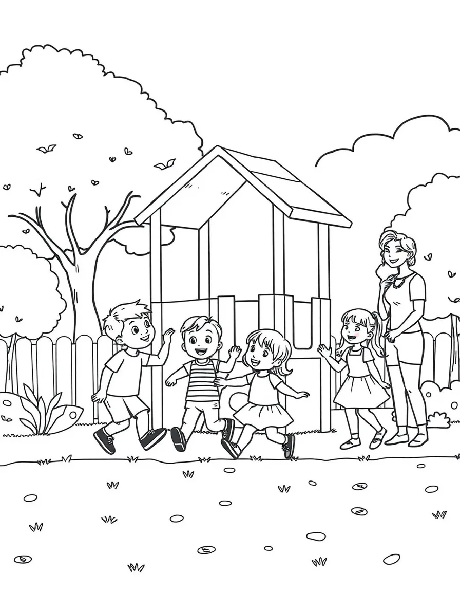 (family) Children playing on a playground with parents watching