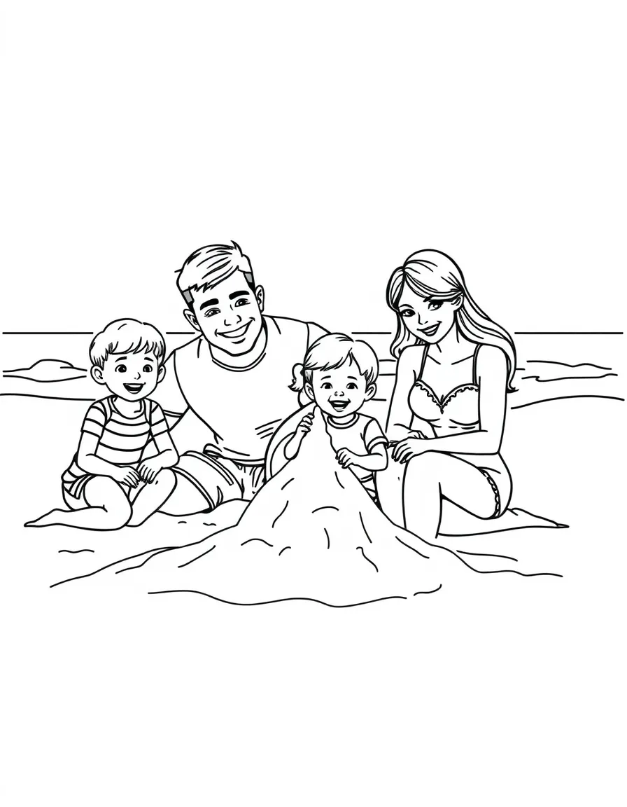 (family) Family having a beach day building sandcastles
