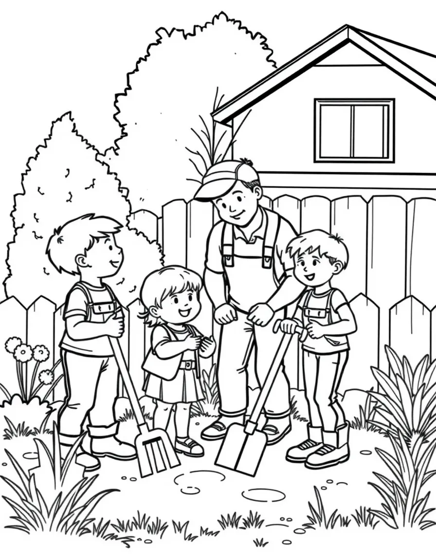 (family) Kids helping dad with yard work