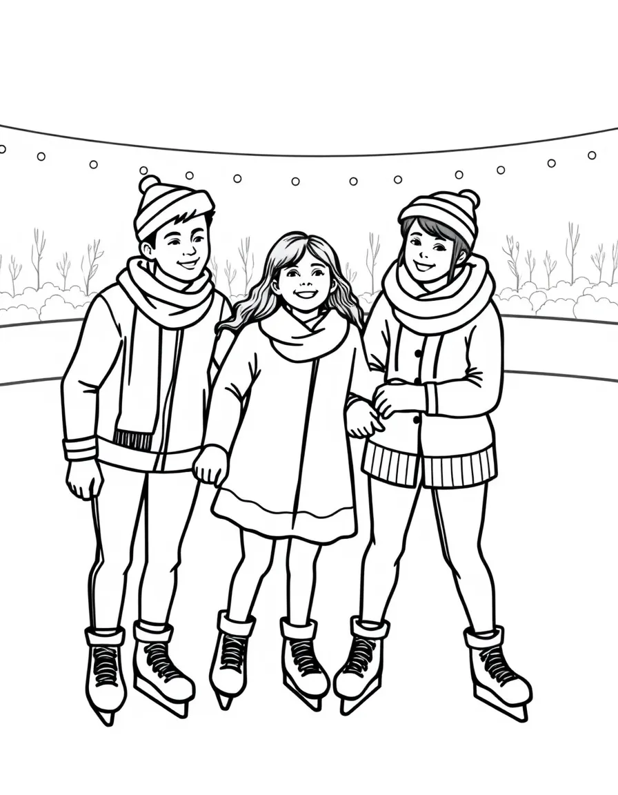 (family) Family ice skating together at a rink