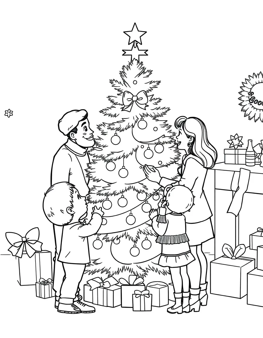 (family) Children and parents decorating a Christmas tree