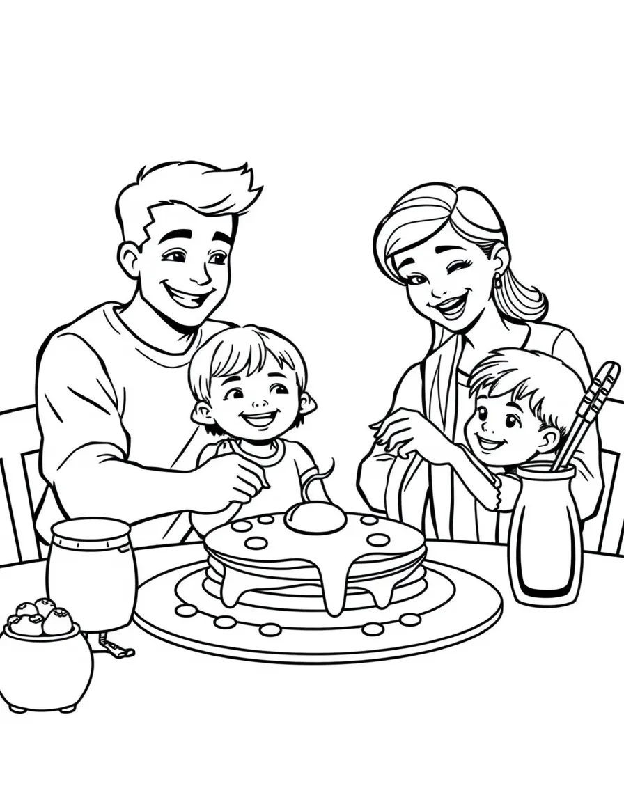 (family) Family having a pancake breakfast together