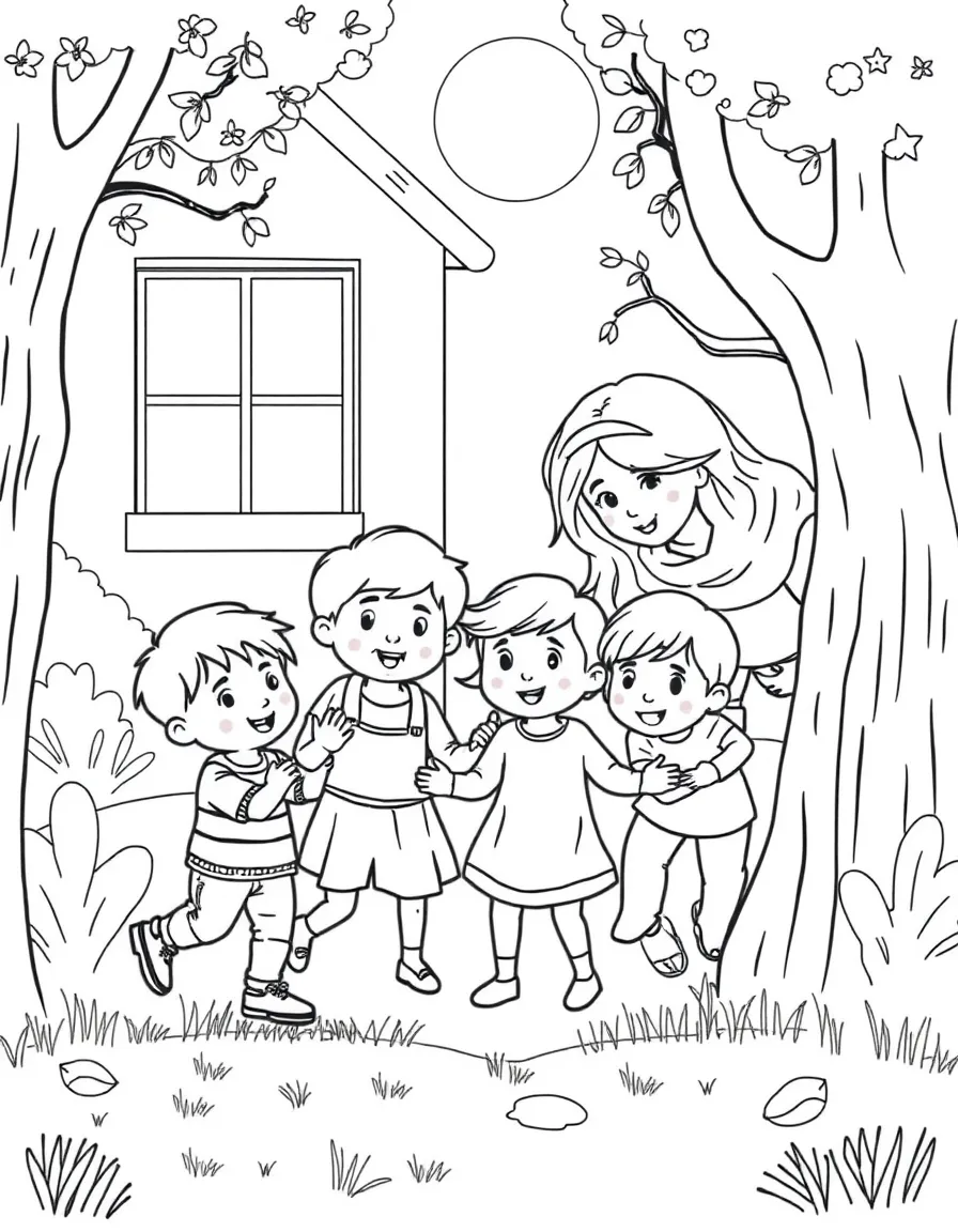 (family) Children playing hide and seek with parents