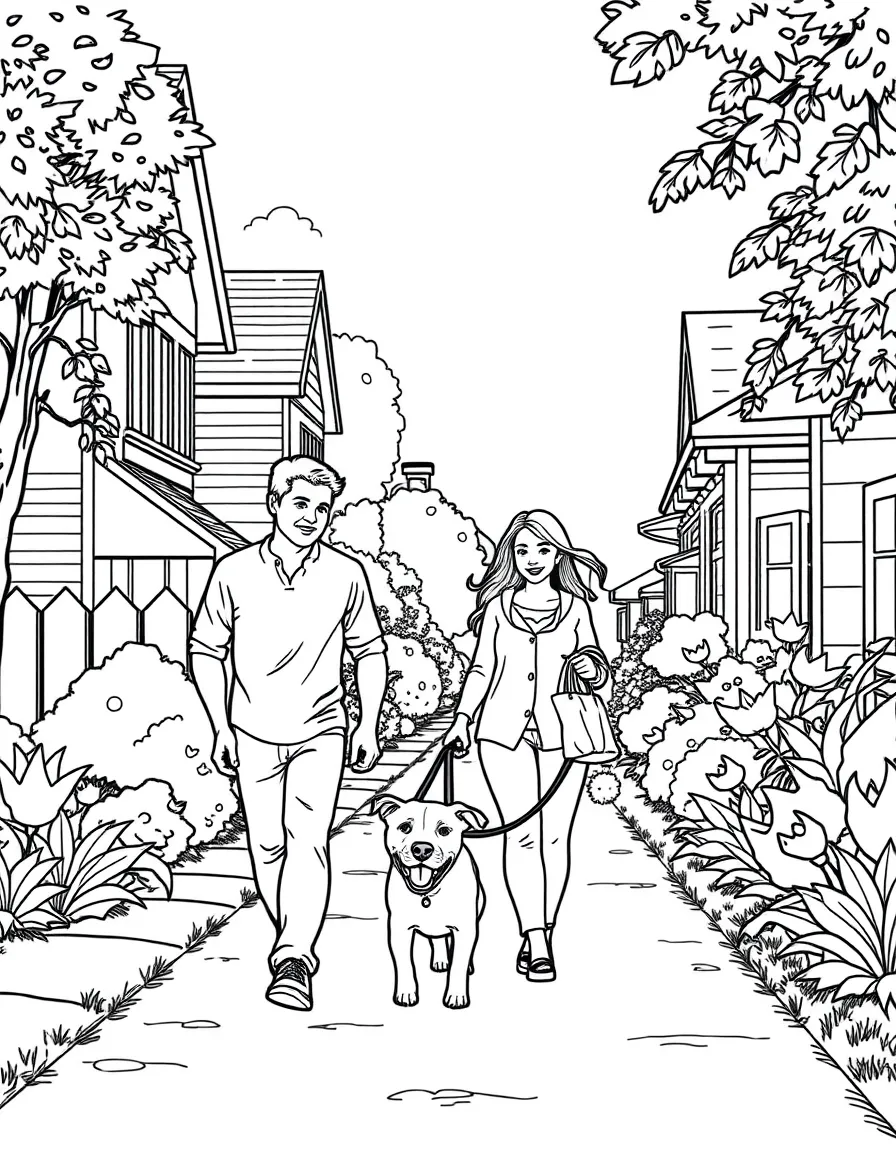 (family) Family walking their dog in the neighborhood