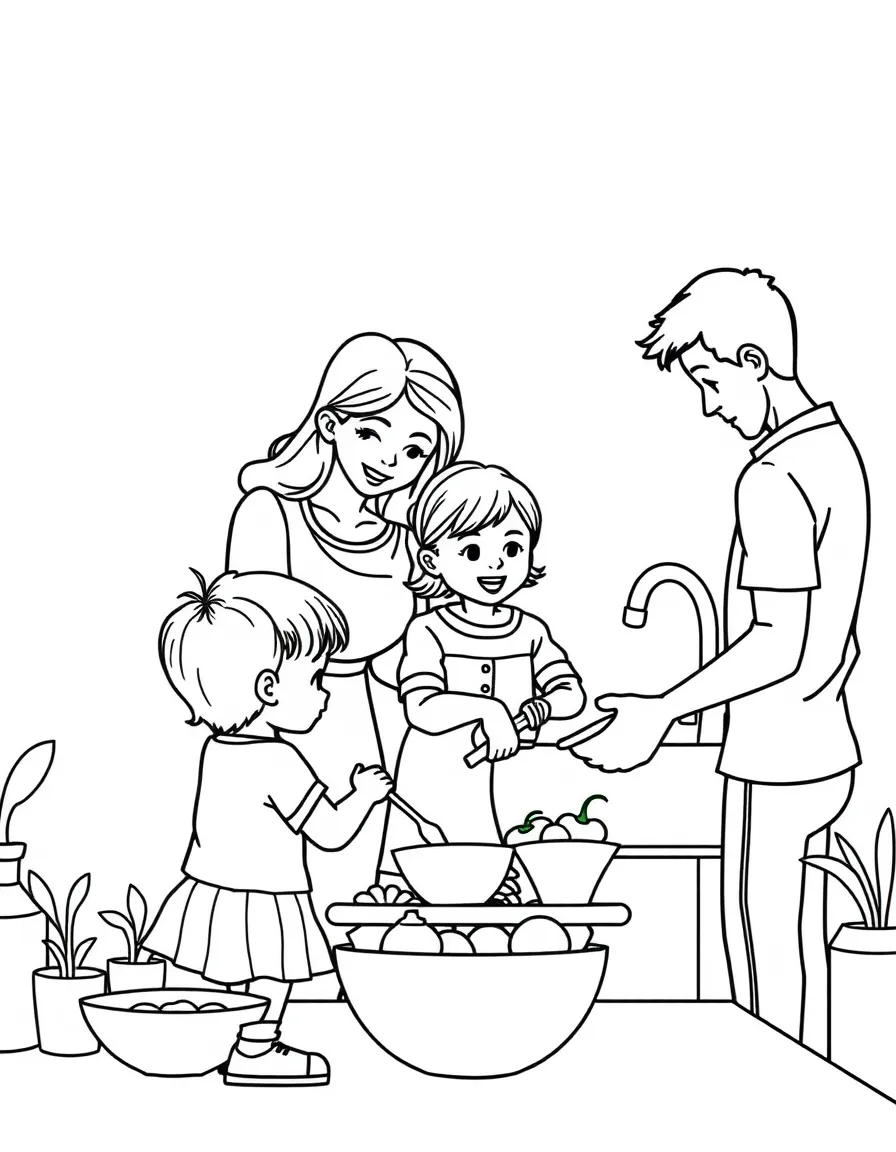 (family) Kids helping parents wash dishes