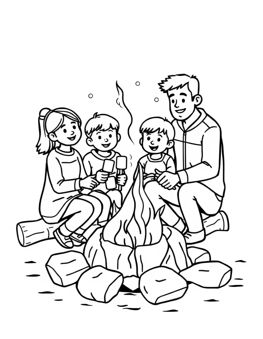 (family) Family roasting marshmallows around a campfire