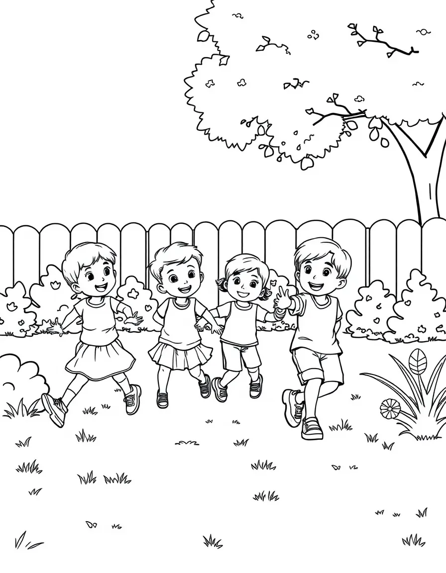 (family) Children playing tag in the backyard