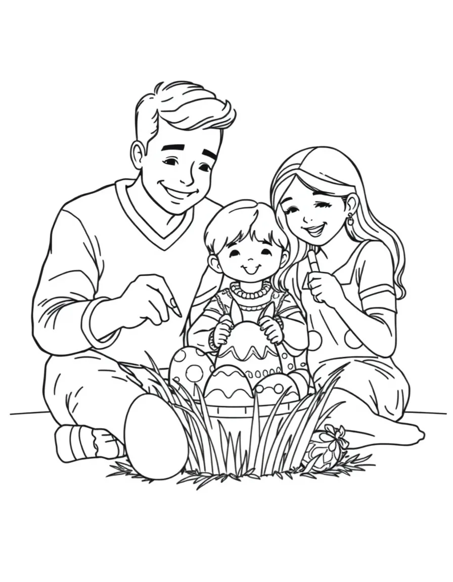 (family) Family painting Easter eggs together