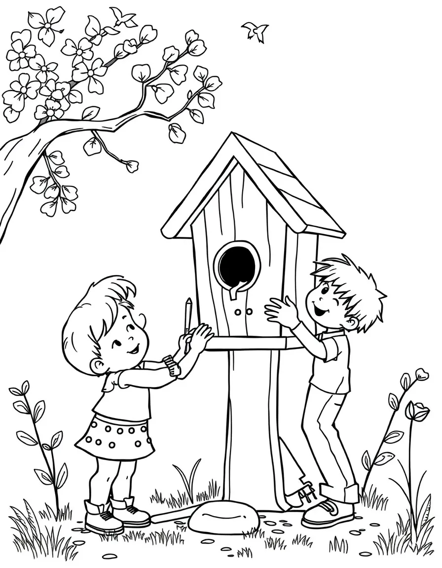 (family) Kids helping dad build a birdhouse
