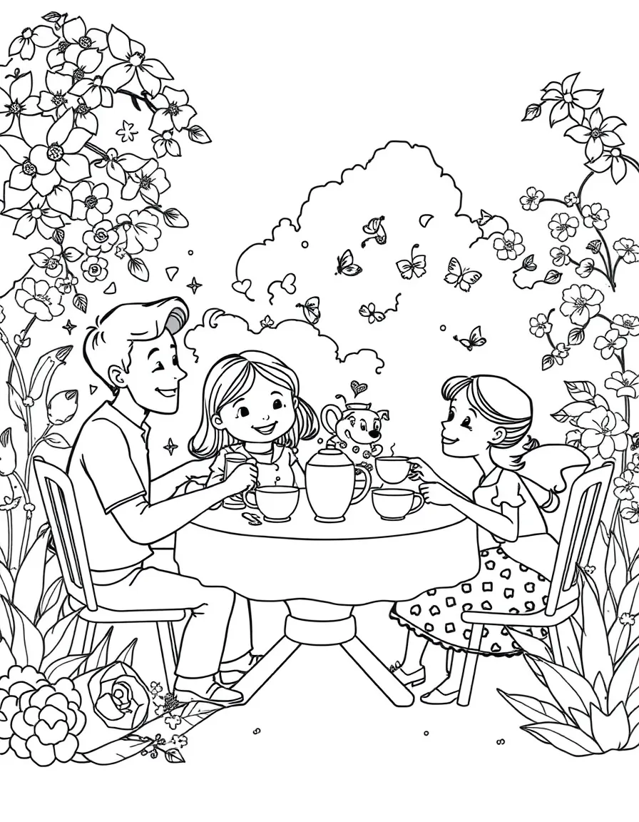 (family) Family having a tea party in the garden