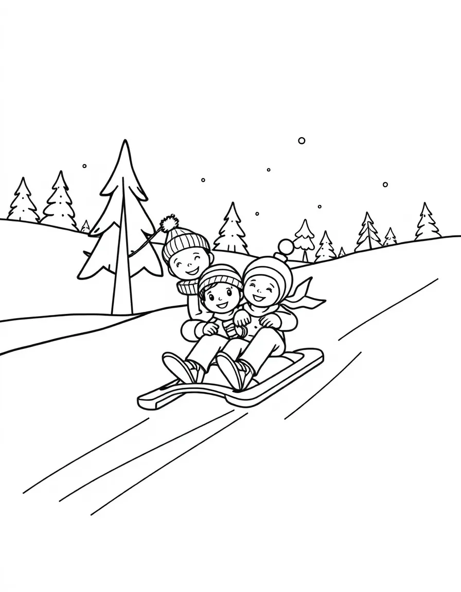 (family) Family sledding down a snowy hill