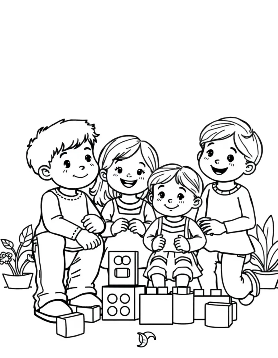 (family) Children building blocks with parents