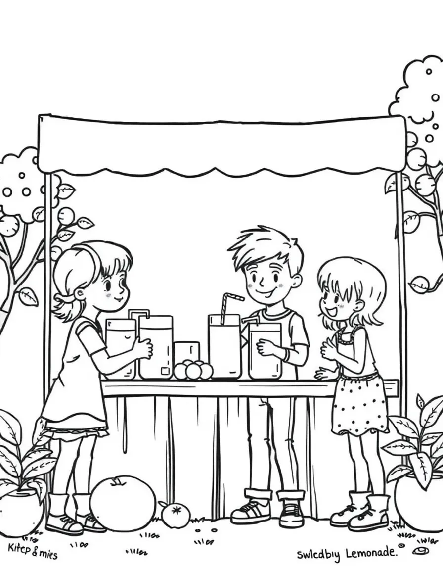 (family) Kids helping set up a lemonade stand
