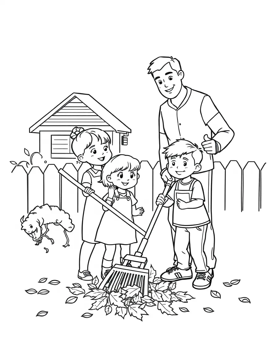 (family) Kids helping dad rake leaves