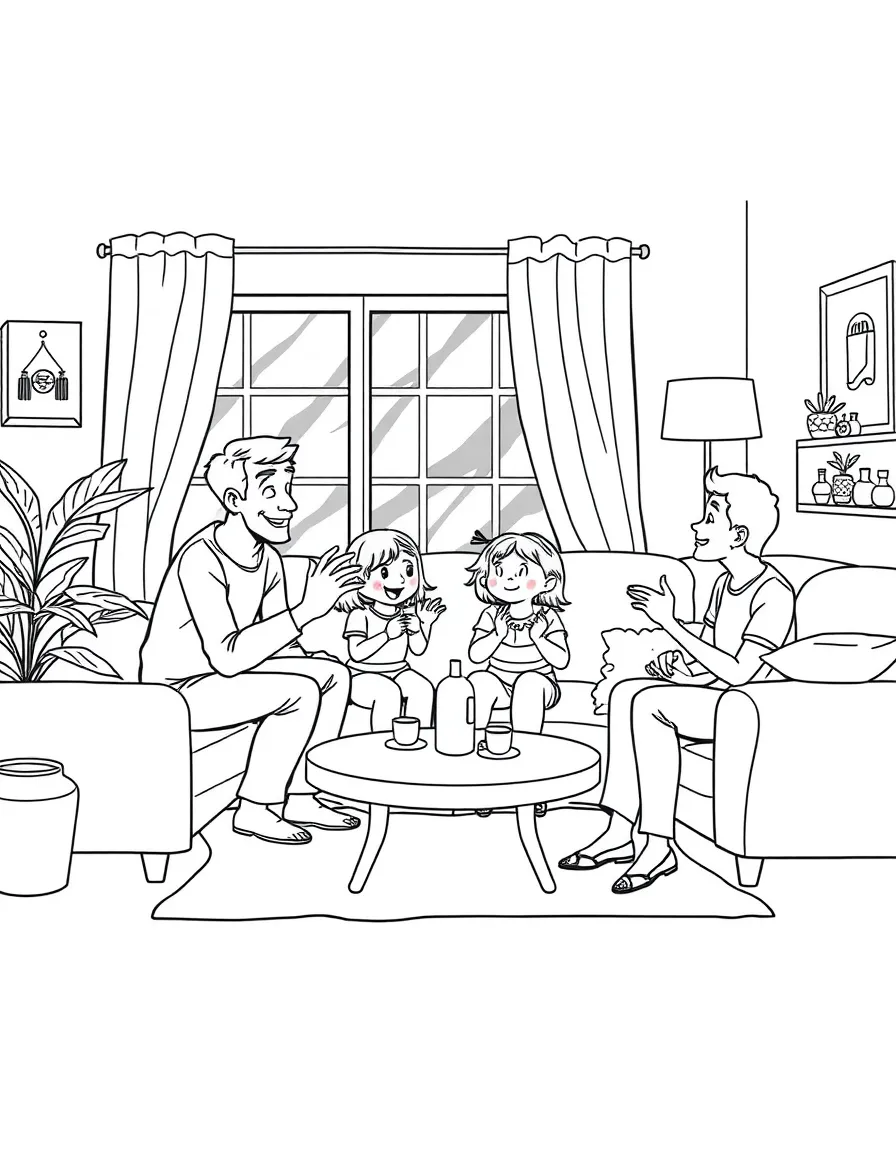 (family) Family playing charades in the living room