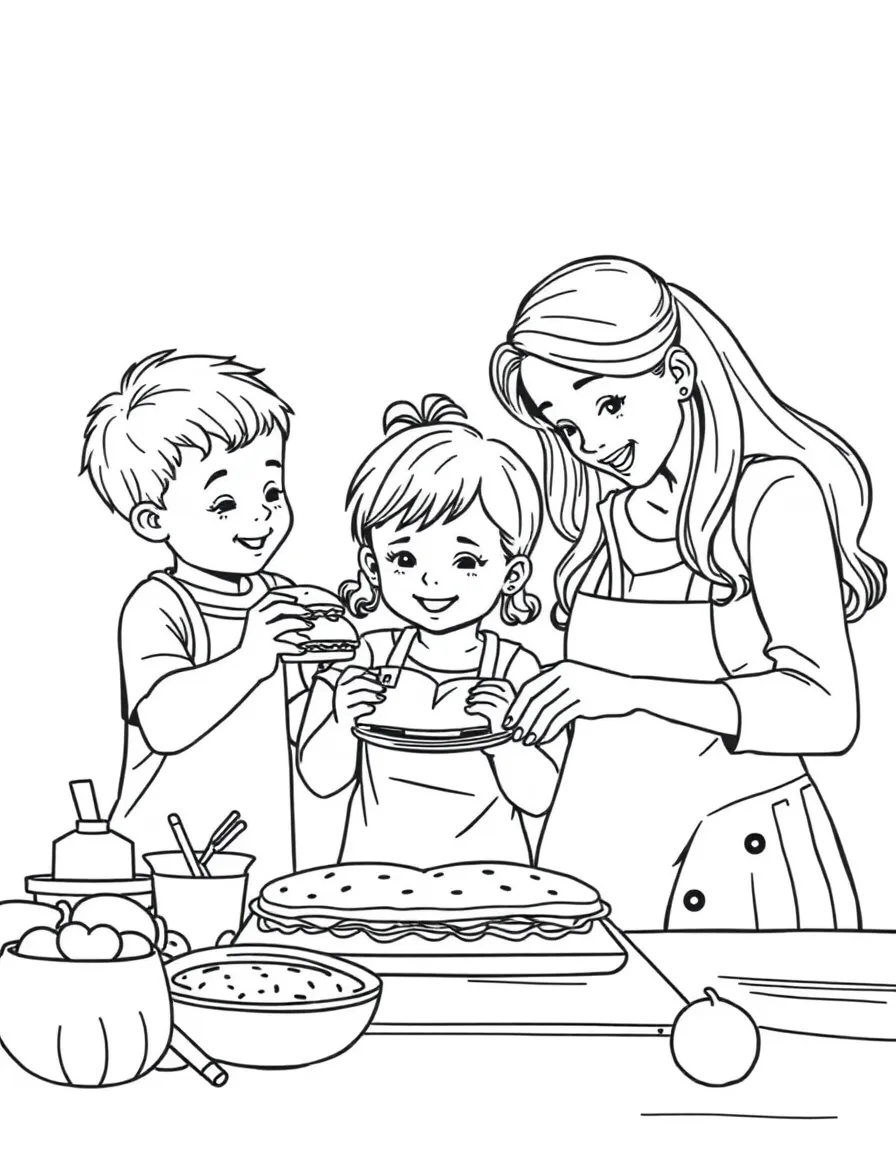 (family) Children helping mom make sandwiches