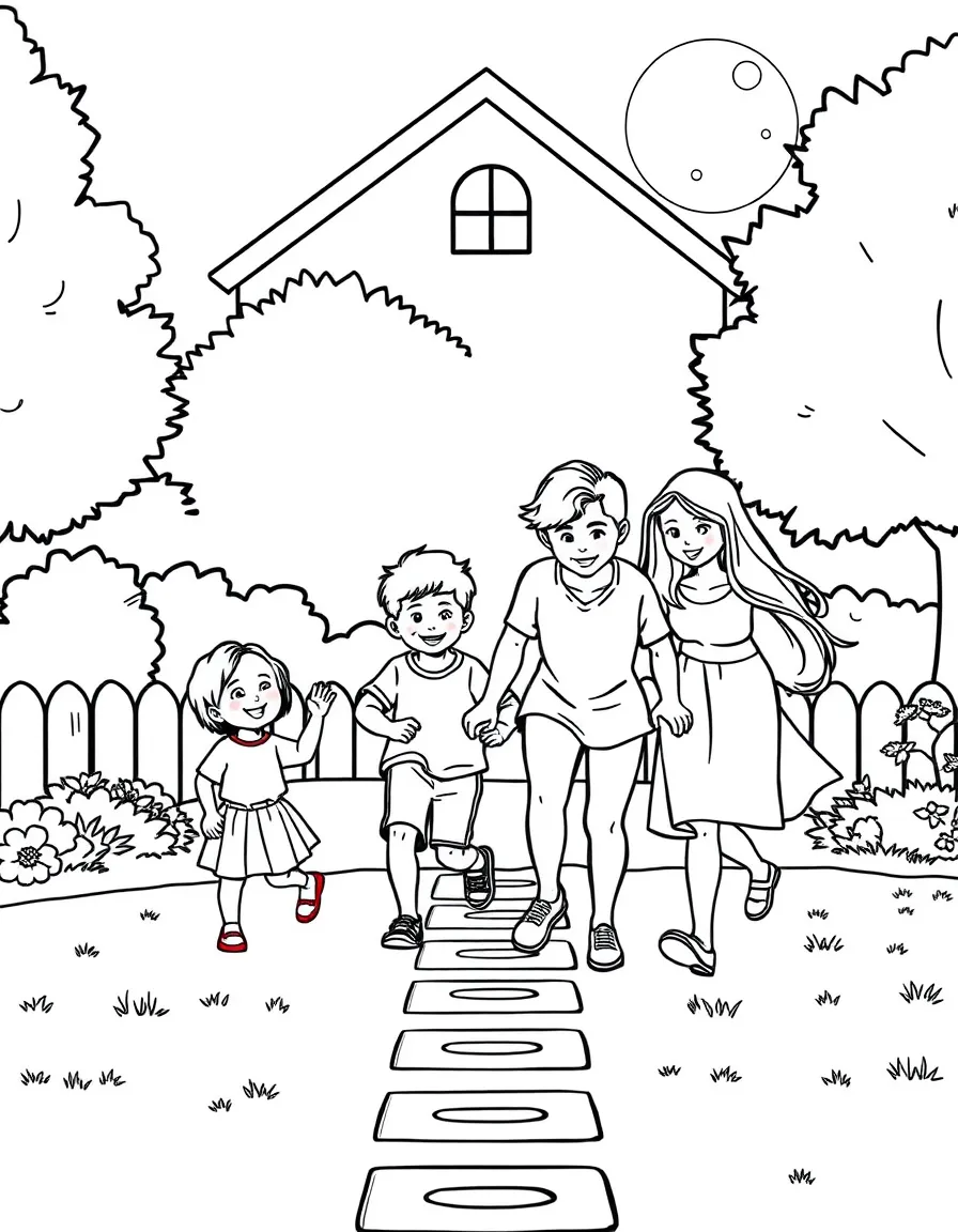 (family) Kids playing hopscotch with parents