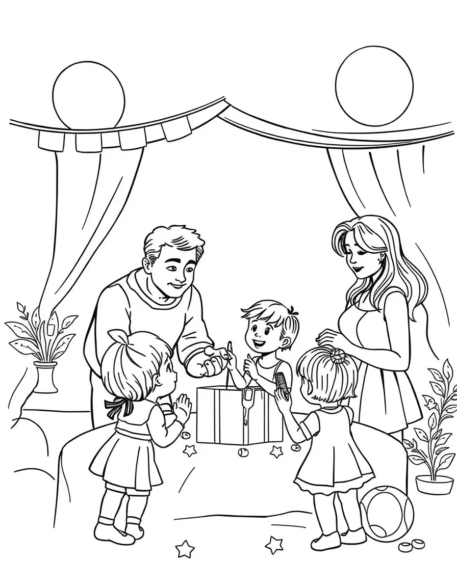 (family) Children helping parents decorate for a party