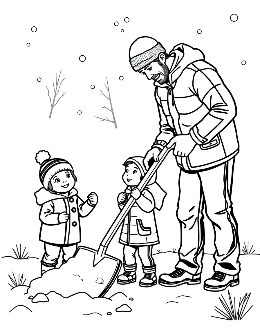 (family) Kids helping dad shovel snow