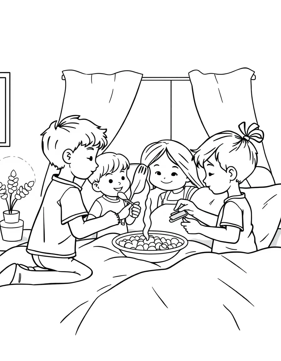 (family) Children helping make breakfast in bed for mom