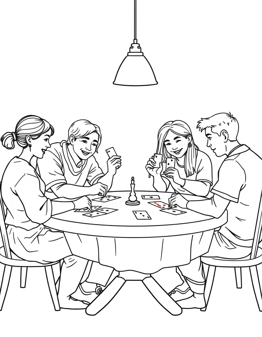 (family) Family playing card games at the table