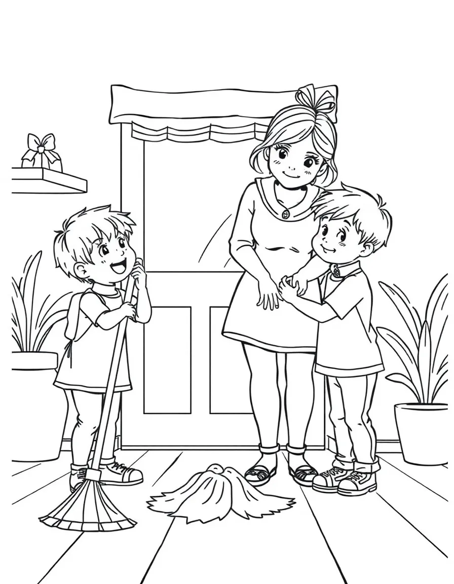 (family) Kids helping mom sweep the floor