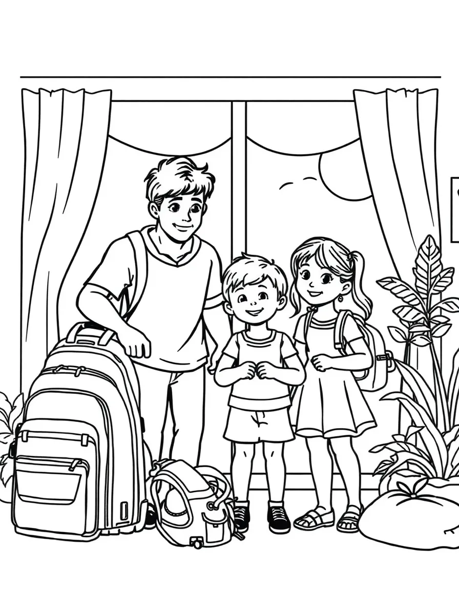 (family) Kids helping parents pack for vacation
