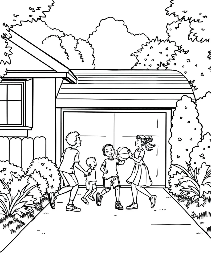 (family) Family playing basketball in the driveway