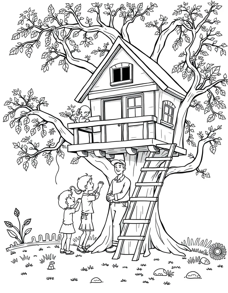 (family) Kids helping dad build a treehouse