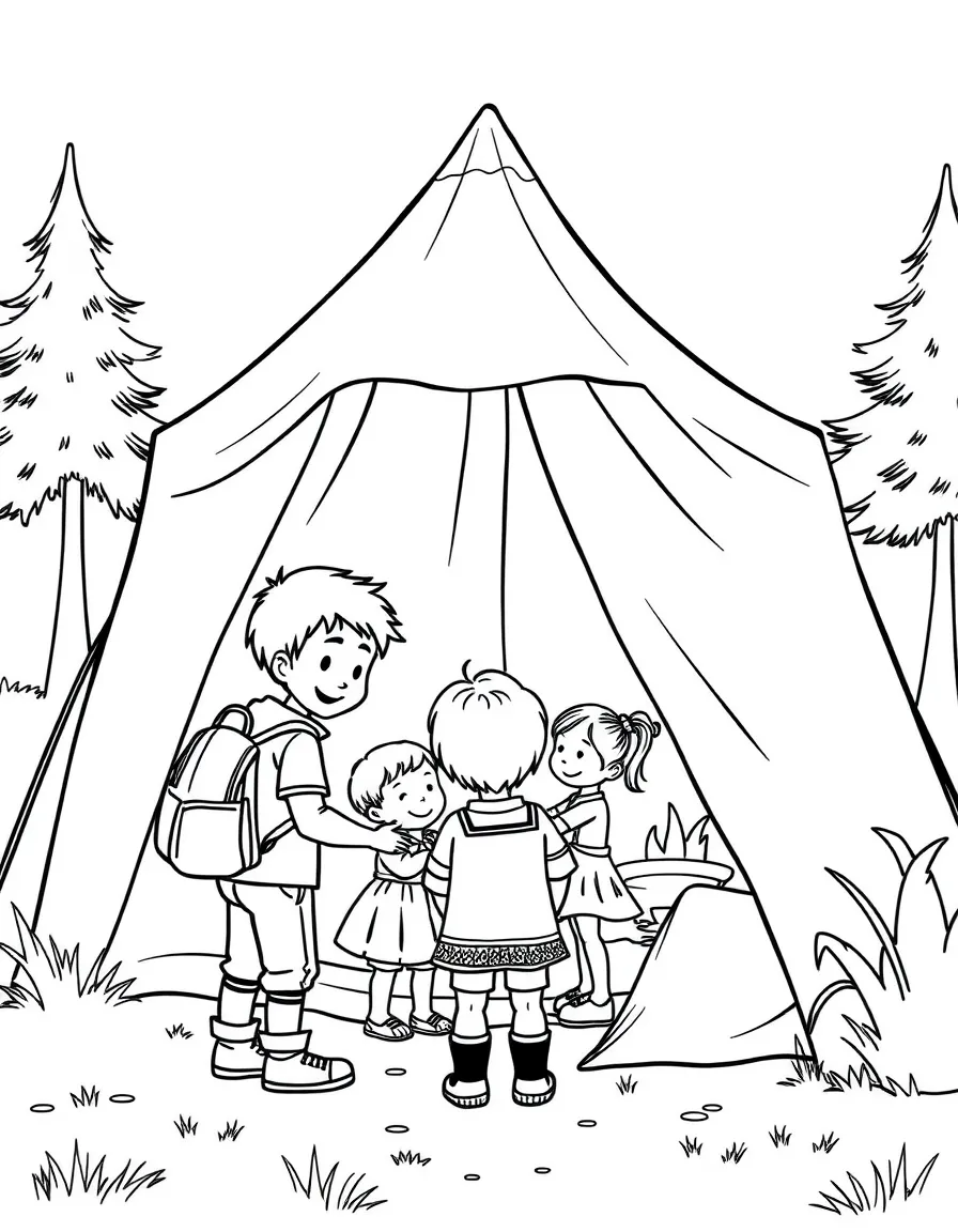 (family) Children helping set up a tent