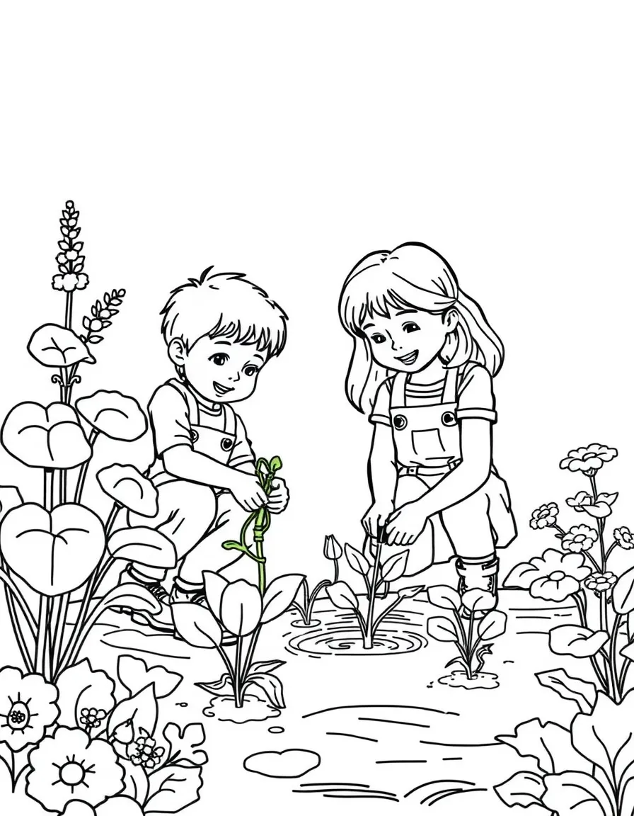 (family) Kids helping mom plant vegetables