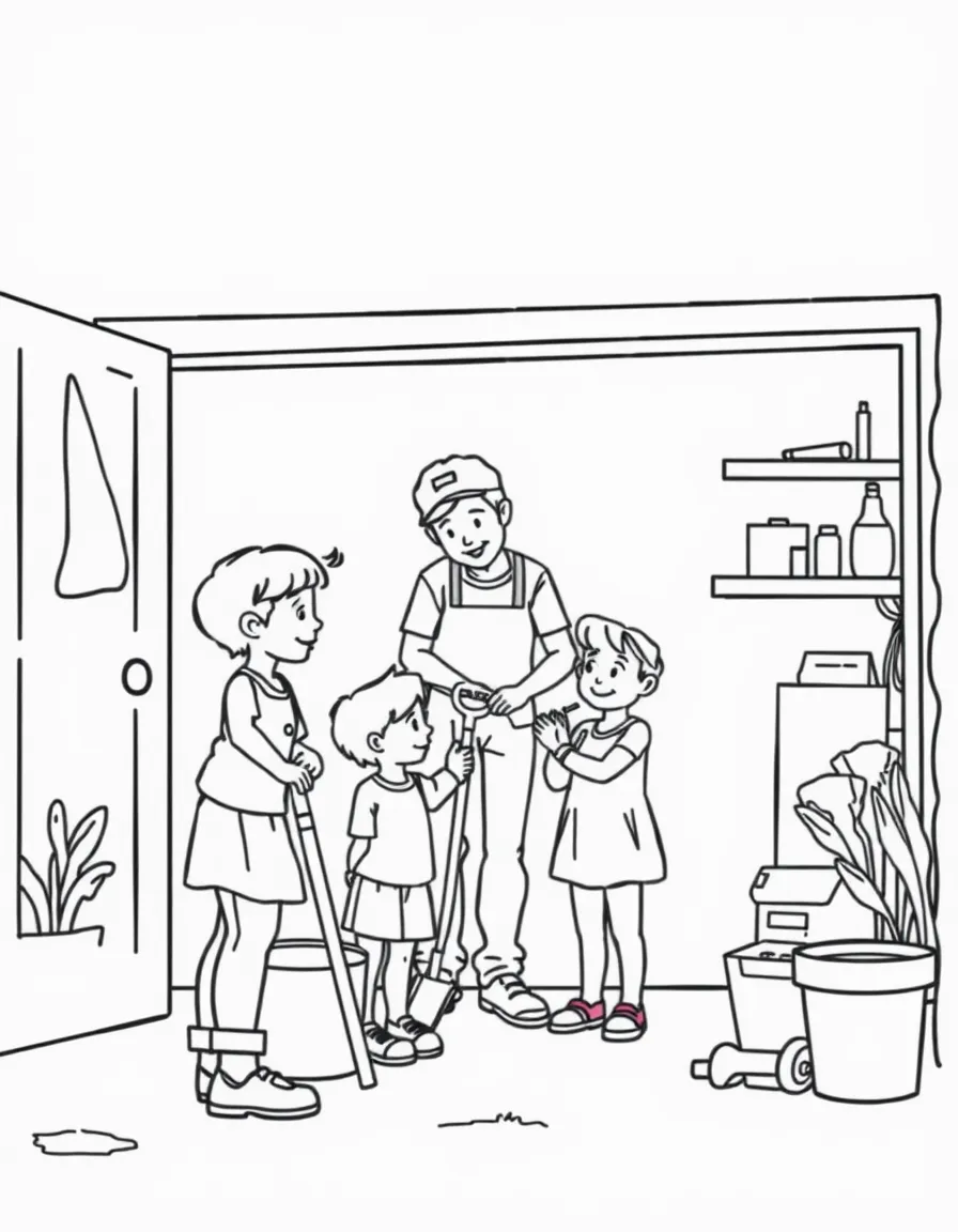 (family) Children helping parents clean the garage