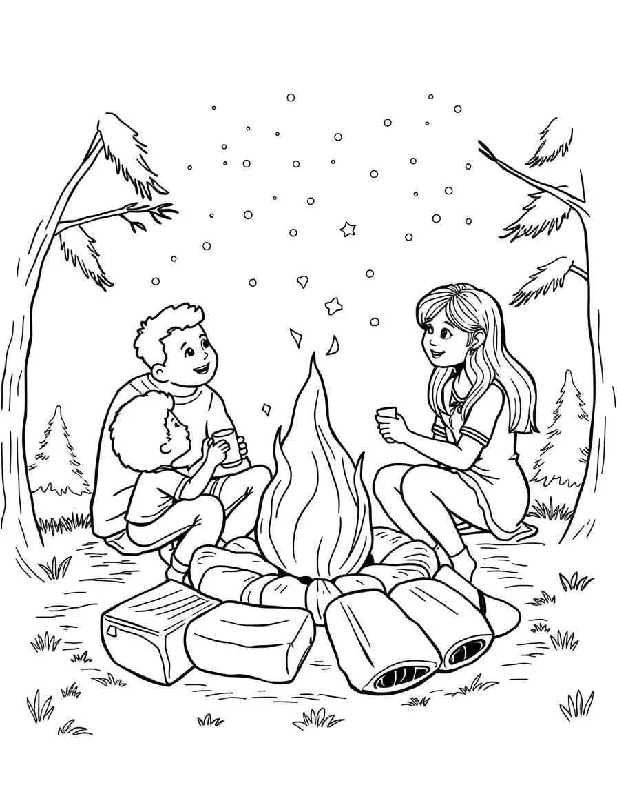 (family) Family having a bonfire with s'mores
