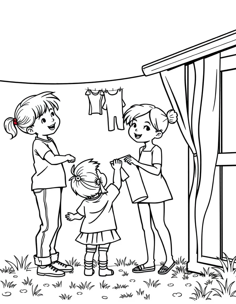 (family) Children helping mom hang laundry