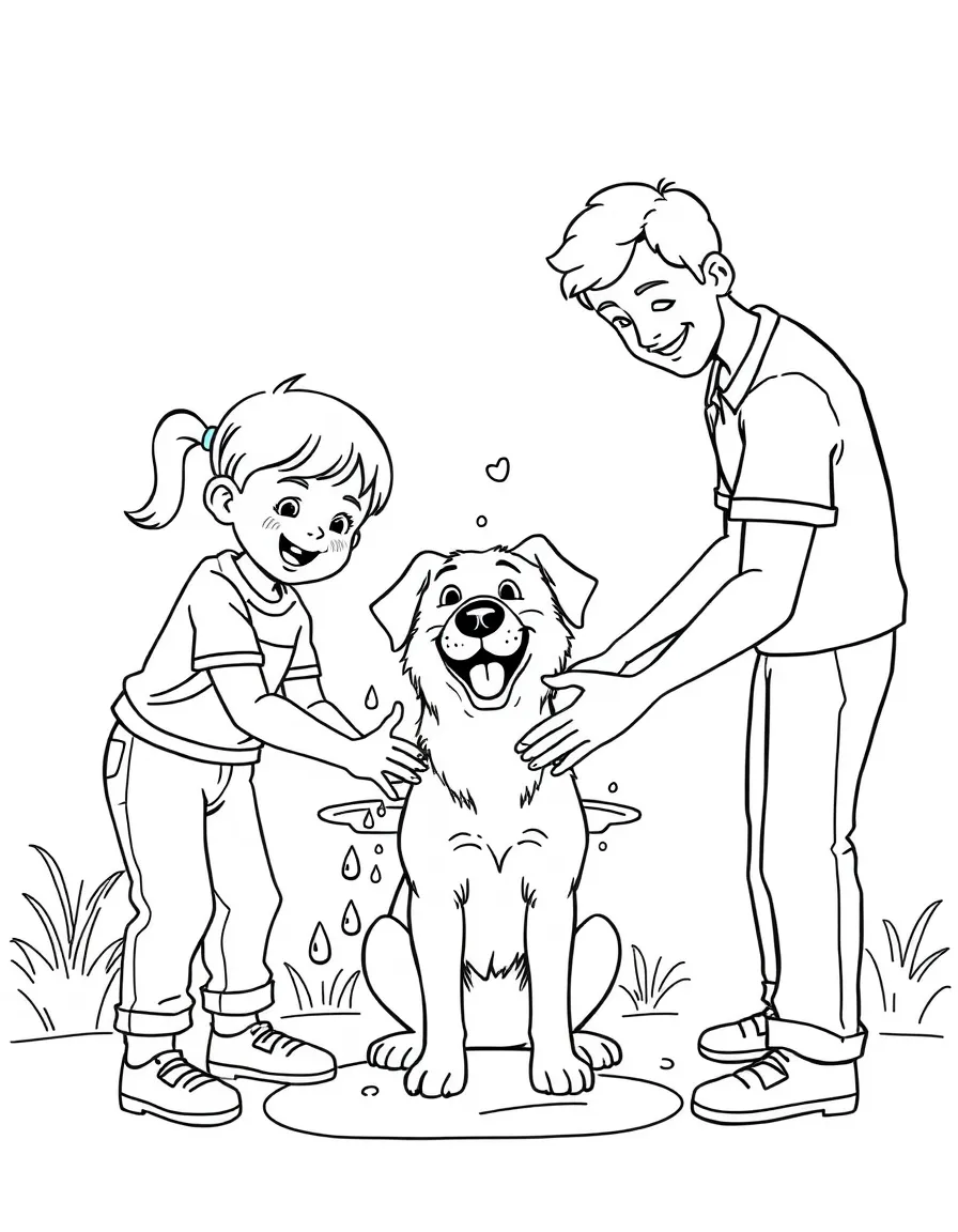 (family) Kids helping parents wash the dog