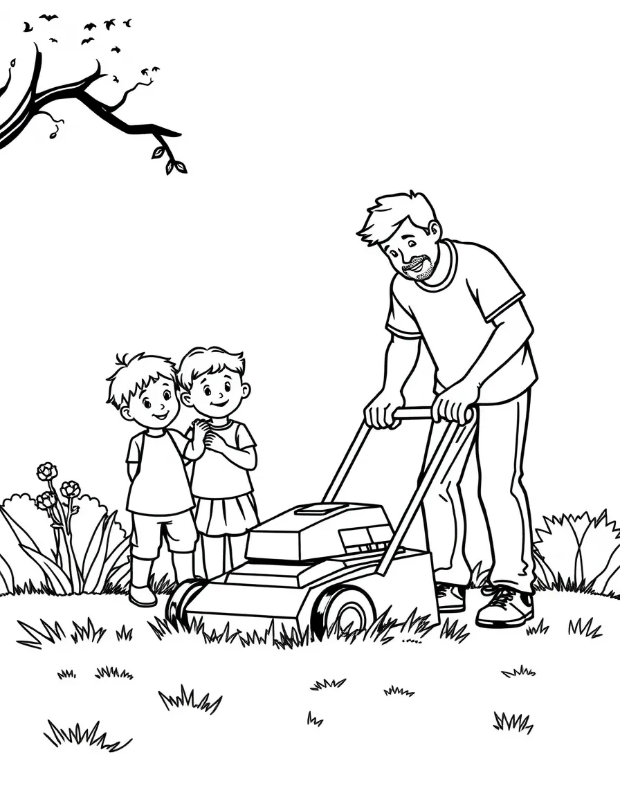 (family) Children helping dad mow the lawn