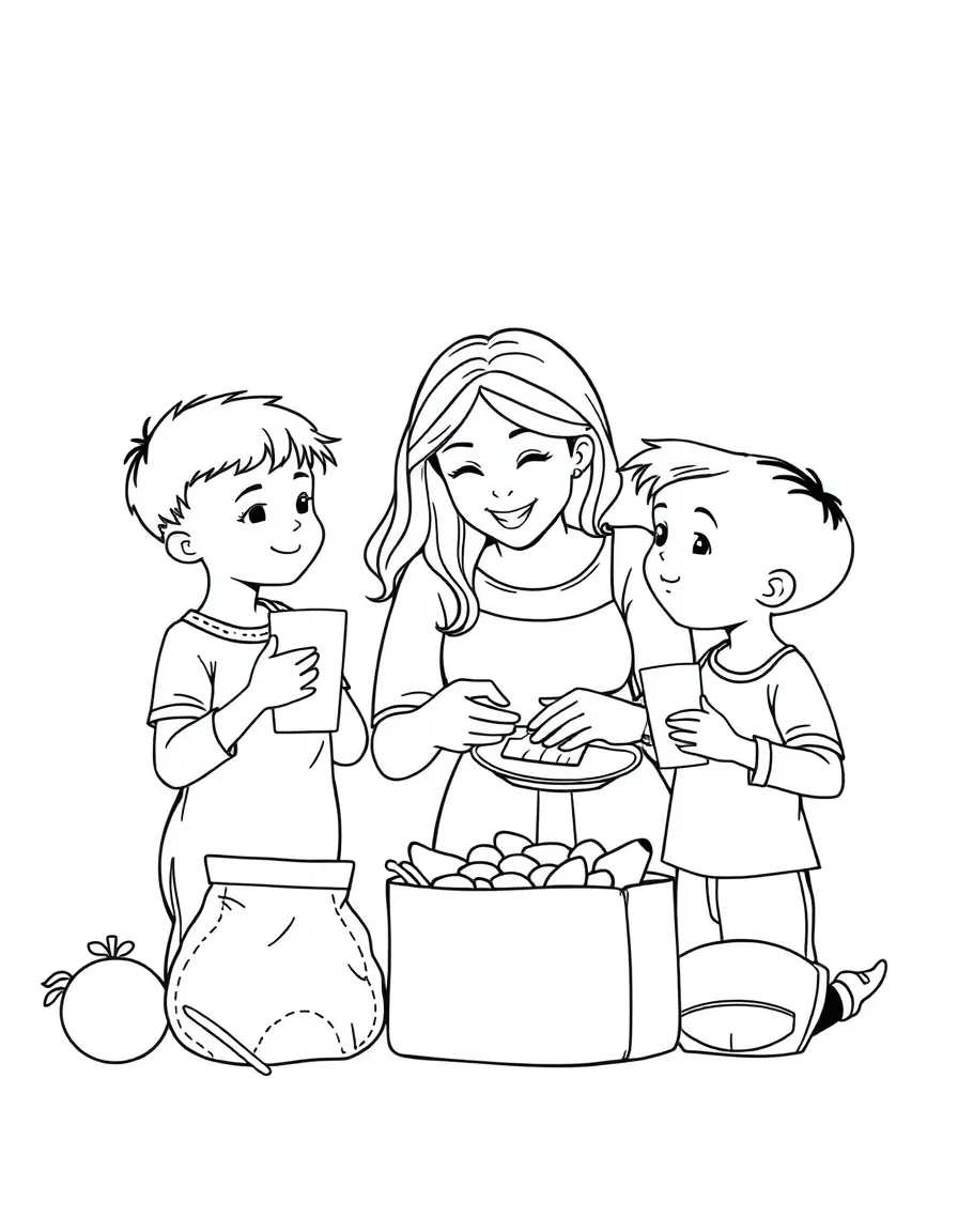 (family) Kids helping mom pack lunches