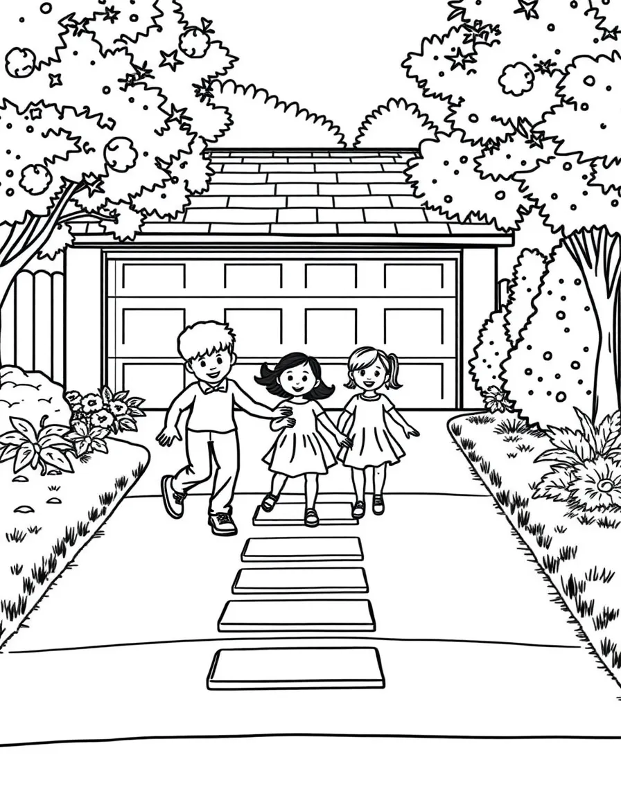 (family) Family playing hopscotch in the driveway