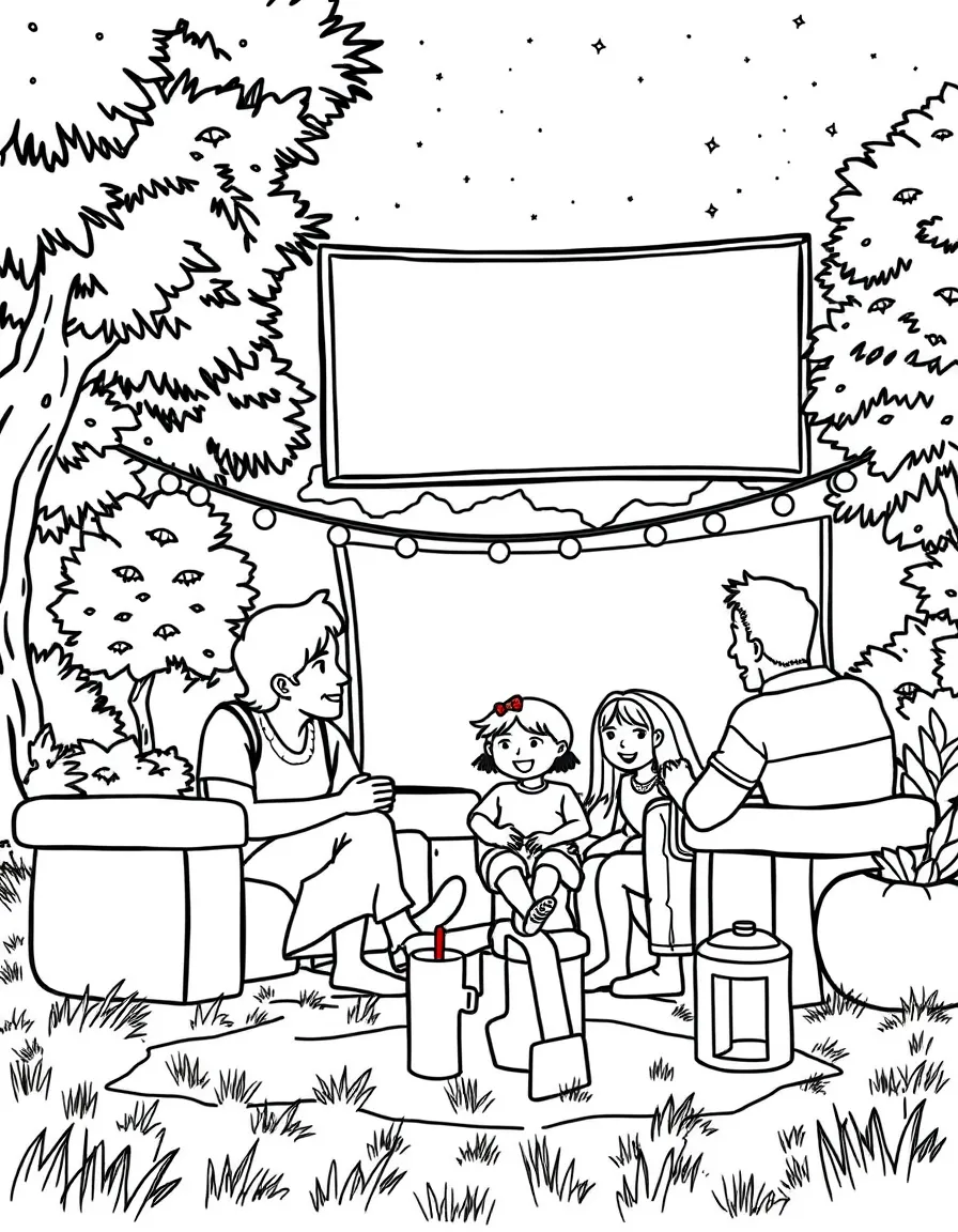 (family) Family having a outdoor movie night