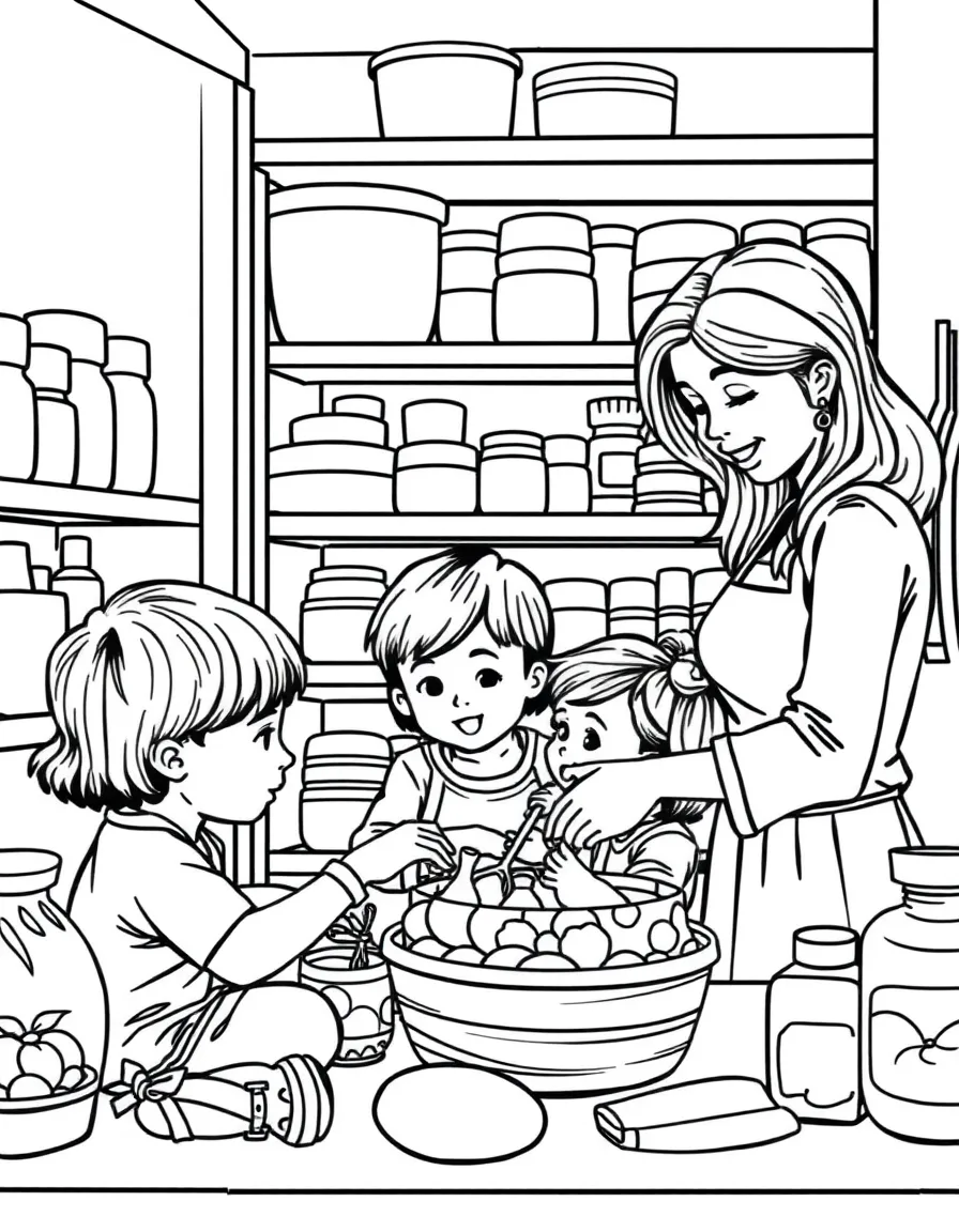 (family) Children helping mom organize the pantry