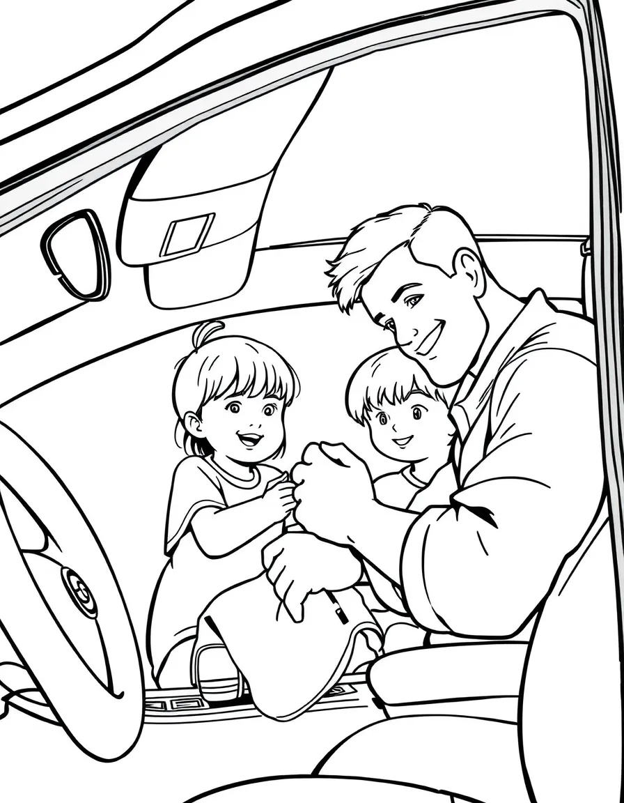 (family) Children helping dad clean the car interior