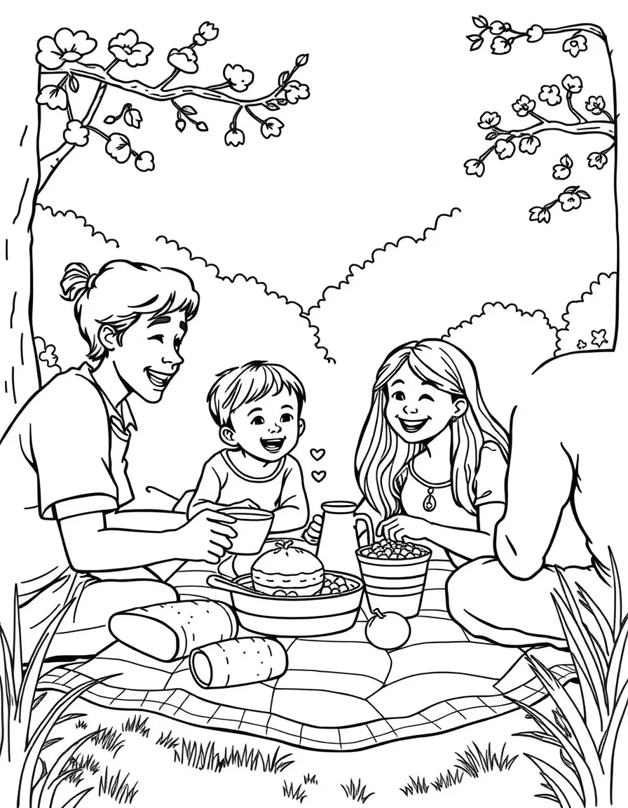 (family) Family having a picnic lunch outdoors