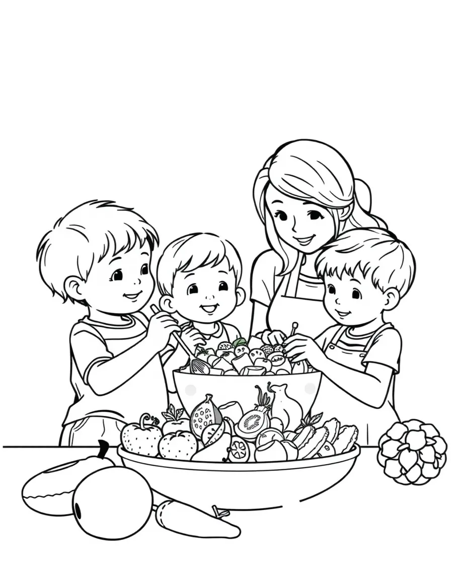 (family) Kids helping mom make fruit salad