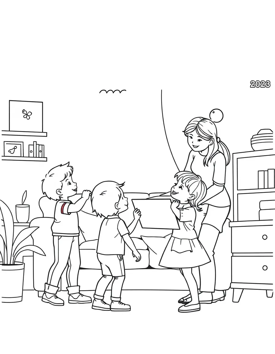 (family) Children helping parents move furniture